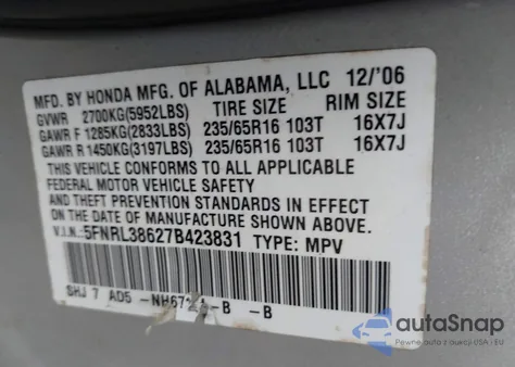 2007 Honda Odyssey Ex-L from USA, damaged, VIN 5FNRL38627B423831